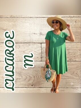 💚 LULAROE GREEN DRESS SZ M HI LOW SHORT SLEEVES, POCKETS/STRETCHY BARELY WORN
